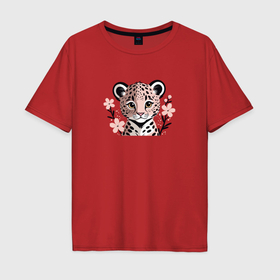 Мужская футболка хлопок Oversize с принтом Маленький леопард и сакура в Екатеринбурге, 100% хлопок | свободный крой, круглый ворот, “спинка” длиннее передней части | 