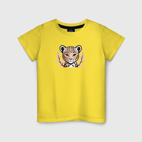 Детская футболка хлопок с принтом Детеныш леопарда и ветки сакуры в Курске, 100% хлопок | круглый вырез горловины, полуприлегающий силуэт, длина до линии бедер | Тематика изображения на принте: 