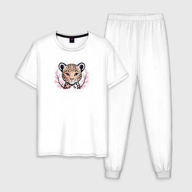 Мужская пижама хлопок с принтом Детеныш леопарда и ветки сакуры в Санкт-Петербурге, 100% хлопок | брюки и футболка прямого кроя, без карманов, на брюках мягкая резинка на поясе и по низу штанин
 | 