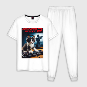 Мужская пижама хлопок с принтом Counter strike 2   kitten в Екатеринбурге, 100% хлопок | брюки и футболка прямого кроя, без карманов, на брюках мягкая резинка на поясе и по низу штанин
 | Тематика изображения на принте: 