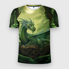 Мужская футболка 3D Slim с принтом Лесной  зеленый  дракон 2024 в Петрозаводске, 100% полиэстер с улучшенными характеристиками | приталенный силуэт, круглая горловина, широкие плечи, сужается к линии бедра | 
