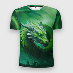 Мужская футболка 3D Slim с принтом Лесной зеленый дракон символ 2024 в Петрозаводске, 100% полиэстер с улучшенными характеристиками | приталенный силуэт, круглая горловина, широкие плечи, сужается к линии бедра | 