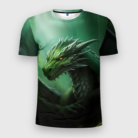 Мужская футболка 3D Slim с принтом Лесной зеленый дракон символ  2024 в Петрозаводске, 100% полиэстер с улучшенными характеристиками | приталенный силуэт, круглая горловина, широкие плечи, сужается к линии бедра | 