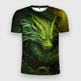 Мужская футболка 3D Slim с принтом Лесной зеленый  дракон символ  2024 в Петрозаводске, 100% полиэстер с улучшенными характеристиками | приталенный силуэт, круглая горловина, широкие плечи, сужается к линии бедра | 