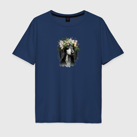Мужская футболка хлопок Oversize с принтом Салюки в цветочном венке в Екатеринбурге, 100% хлопок | свободный крой, круглый ворот, “спинка” длиннее передней части | 