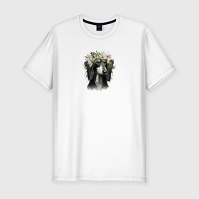 Мужская футболка хлопок Slim с принтом Салюки в цветочном венке в Екатеринбурге, 92% хлопок, 8% лайкра | приталенный силуэт, круглый вырез ворота, длина до линии бедра, короткий рукав | 