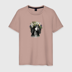 Мужская футболка хлопок с принтом Салюки в цветочном венке в Екатеринбурге, 100% хлопок | прямой крой, круглый вырез горловины, длина до линии бедер, слегка спущенное плечо. | 