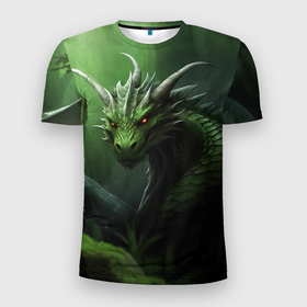 Мужская футболка 3D Slim с принтом Лесной  зеленый  дракон символ  2024 в Петрозаводске, 100% полиэстер с улучшенными характеристиками | приталенный силуэт, круглая горловина, широкие плечи, сужается к линии бедра | 