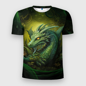 Мужская футболка 3D Slim с принтом Лесной  зеленый  дракон  символ  2024 в Петрозаводске, 100% полиэстер с улучшенными характеристиками | приталенный силуэт, круглая горловина, широкие плечи, сужается к линии бедра | 