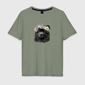 Мужская футболка хлопок Oversize с принтом Чау чау черный в цветах в Кировске, 100% хлопок | свободный крой, круглый ворот, “спинка” длиннее передней части | 
