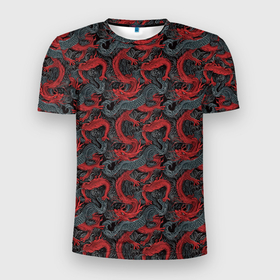 Мужская футболка 3D Slim с принтом Красные драконы на сером фоне в Екатеринбурге, 100% полиэстер с улучшенными характеристиками | приталенный силуэт, круглая горловина, широкие плечи, сужается к линии бедра | Тематика изображения на принте: 