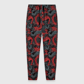 Мужские брюки 3D с принтом Красные драконы на сером фоне в Екатеринбурге, 100% полиэстер | манжеты по низу, эластичный пояс регулируется шнурком, по бокам два кармана без застежек, внутренняя часть кармана из мелкой сетки | Тематика изображения на принте: 