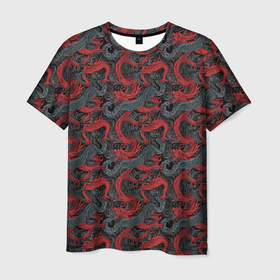 Мужская футболка 3D с принтом Красные драконы на сером фоне в Екатеринбурге, 100% полиэфир | прямой крой, круглый вырез горловины, длина до линии бедер | Тематика изображения на принте: 