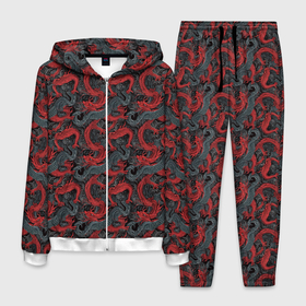 Мужской костюм 3D с принтом Красные драконы на сером фоне в Екатеринбурге, 100% полиэстер | Манжеты и пояс оформлены тканевой резинкой, двухслойный капюшон со шнурком для регулировки, карманы спереди | Тематика изображения на принте: 