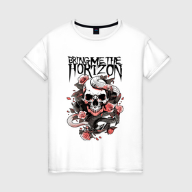 Женская футболка хлопок с принтом Bring Me the Horizon   A skull with roses в Тюмени, 100% хлопок | прямой крой, круглый вырез горловины, длина до линии бедер, слегка спущенное плечо | 