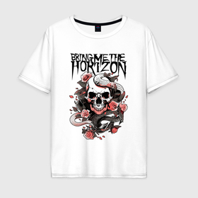 Мужская футболка хлопок Oversize с принтом Bring Me the Horizon   A skull with roses в Белгороде, 100% хлопок | свободный крой, круглый ворот, “спинка” длиннее передней части | Тематика изображения на принте: 