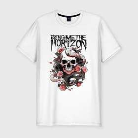 Мужская футболка хлопок Slim с принтом Bring Me the Horizon   A skull with roses в Курске, 92% хлопок, 8% лайкра | приталенный силуэт, круглый вырез ворота, длина до линии бедра, короткий рукав | Тематика изображения на принте: 