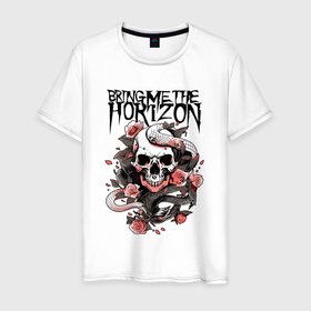 Мужская футболка хлопок с принтом Bring Me the Horizon   A skull with roses в Екатеринбурге, 100% хлопок | прямой крой, круглый вырез горловины, длина до линии бедер, слегка спущенное плечо. | 