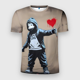 Мужская футболка 3D Slim с принтом Обезьяна держит в руках сердце граффити в Курске, 100% полиэстер с улучшенными характеристиками | приталенный силуэт, круглая горловина, широкие плечи, сужается к линии бедра | Тематика изображения на принте: 