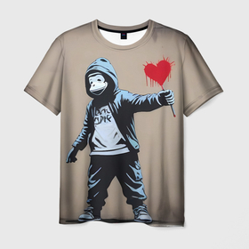 Мужская футболка 3D с принтом Обезьяна держит в руках сердце граффити в Санкт-Петербурге, 100% полиэфир | прямой крой, круглый вырез горловины, длина до линии бедер | 