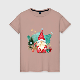 Женская футболка хлопок с принтом Гном с  новогодними подарками в Екатеринбурге, 100% хлопок | прямой крой, круглый вырез горловины, длина до линии бедер, слегка спущенное плечо | 