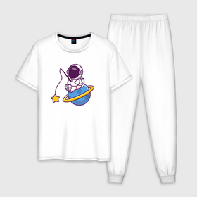 Мужская пижама хлопок с принтом Рыбалка на Сатурне , 100% хлопок | брюки и футболка прямого кроя, без карманов, на брюках мягкая резинка на поясе и по низу штанин
 | 