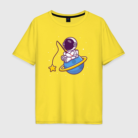 Мужская футболка хлопок Oversize с принтом Рыбалка на Сатурне в Тюмени, 100% хлопок | свободный крой, круглый ворот, “спинка” длиннее передней части | 
