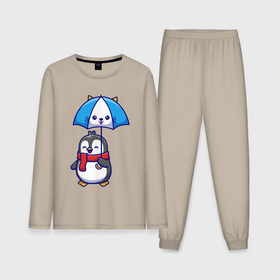 Мужская пижама с лонгсливом хлопок с принтом Пингвин с кошачим зонтом в Петрозаводске,  |  | Тематика изображения на принте: 