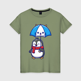 Женская футболка хлопок с принтом Пингвин с кошачим зонтом , 100% хлопок | прямой крой, круглый вырез горловины, длина до линии бедер, слегка спущенное плечо | 