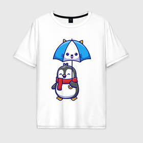 Мужская футболка хлопок Oversize с принтом Пингвин с кошачим зонтом в Петрозаводске, 100% хлопок | свободный крой, круглый ворот, “спинка” длиннее передней части | Тематика изображения на принте: 