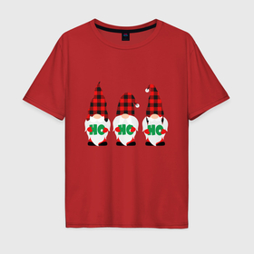 Мужская футболка хлопок Oversize с принтом Ho ho ho  веселые новогодние гномы в Новосибирске, 100% хлопок | свободный крой, круглый ворот, “спинка” длиннее передней части | 