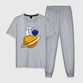 Мужская пижама хлопок с принтом Космонавт на Сатурне , 100% хлопок | брюки и футболка прямого кроя, без карманов, на брюках мягкая резинка на поясе и по низу штанин
 | 