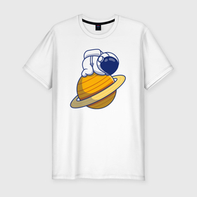 Мужская футболка хлопок Slim с принтом Космонавт на Сатурне , 92% хлопок, 8% лайкра | приталенный силуэт, круглый вырез ворота, длина до линии бедра, короткий рукав | 