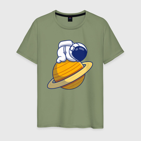 Мужская футболка хлопок с принтом Космонавт на Сатурне , 100% хлопок | прямой крой, круглый вырез горловины, длина до линии бедер, слегка спущенное плечо. | 