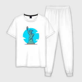 Мужская пижама хлопок с принтом Статуя Свободы в облаках в Новосибирске, 100% хлопок | брюки и футболка прямого кроя, без карманов, на брюках мягкая резинка на поясе и по низу штанин
 | Тематика изображения на принте: 