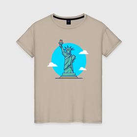 Женская футболка хлопок с принтом Статуя Свободы в облаках , 100% хлопок | прямой крой, круглый вырез горловины, длина до линии бедер, слегка спущенное плечо | 