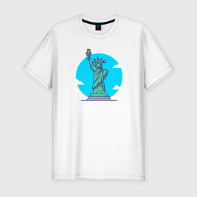 Мужская футболка хлопок Slim с принтом Статуя Свободы в облаках в Курске, 92% хлопок, 8% лайкра | приталенный силуэт, круглый вырез ворота, длина до линии бедра, короткий рукав | 