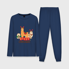 Мужская пижама с лонгсливом хлопок с принтом Мэри крисмас с ламой   котом и ежом в Курске,  |  | 