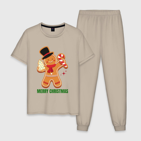 Мужская пижама хлопок с принтом Пряничный человечек с леденцом в Тюмени, 100% хлопок | брюки и футболка прямого кроя, без карманов, на брюках мягкая резинка на поясе и по низу штанин
 | 