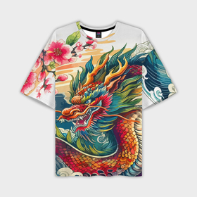Мужская футболка oversize 3D с принтом Гравюра японского дракона в Санкт-Петербурге,  |  | 