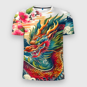 Мужская футболка 3D Slim с принтом Гравюра японского дракона в Санкт-Петербурге, 100% полиэстер с улучшенными характеристиками | приталенный силуэт, круглая горловина, широкие плечи, сужается к линии бедра | 