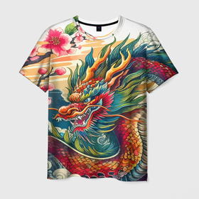 Мужская футболка 3D с принтом Гравюра японского дракона в Петрозаводске, 100% полиэфир | прямой крой, круглый вырез горловины, длина до линии бедер | 