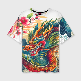 Женская футболка oversize 3D с принтом Гравюра японского дракона ,  |  | Тематика изображения на принте: 