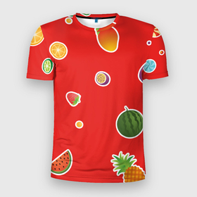 Мужская футболка 3D Slim с принтом Фруктовый узор на красном в Петрозаводске, 100% полиэстер с улучшенными характеристиками | приталенный силуэт, круглая горловина, широкие плечи, сужается к линии бедра | 