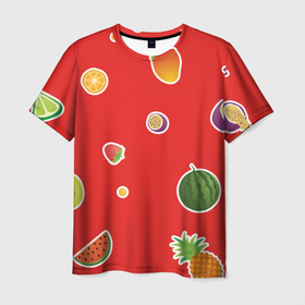 Мужская футболка 3D с принтом Фруктовый узор на красном в Курске, 100% полиэфир | прямой крой, круглый вырез горловины, длина до линии бедер | 