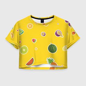 Женская футболка Crop-top 3D с принтом Фруктовый узор на желтом в Новосибирске, 100% полиэстер | круглая горловина, длина футболки до линии талии, рукава с отворотами | 