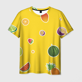 Мужская футболка 3D с принтом Фруктовый узор на желтом в Екатеринбурге, 100% полиэфир | прямой крой, круглый вырез горловины, длина до линии бедер | Тематика изображения на принте: 