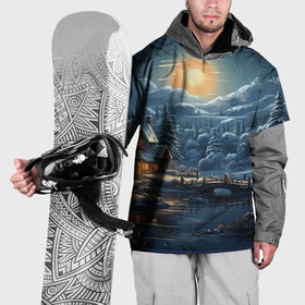 Накидка на куртку 3D с принтом Новогодние домики в лесу в Курске, 100% полиэстер |  | 