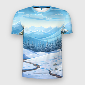 Мужская футболка 3D Slim с принтом Зимний  пейзаж в Курске, 100% полиэстер с улучшенными характеристиками | приталенный силуэт, круглая горловина, широкие плечи, сужается к линии бедра | 
