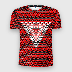 Мужская футболка 3D Slim с принтом Красные и чёрные треугольники в Петрозаводске, 100% полиэстер с улучшенными характеристиками | приталенный силуэт, круглая горловина, широкие плечи, сужается к линии бедра | Тематика изображения на принте: 